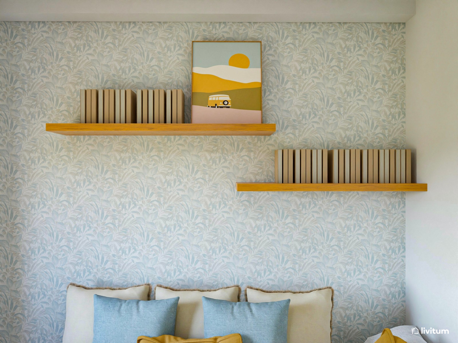 Habitación invitados de 6,5 m² con pequeño escritorio, en tono azul