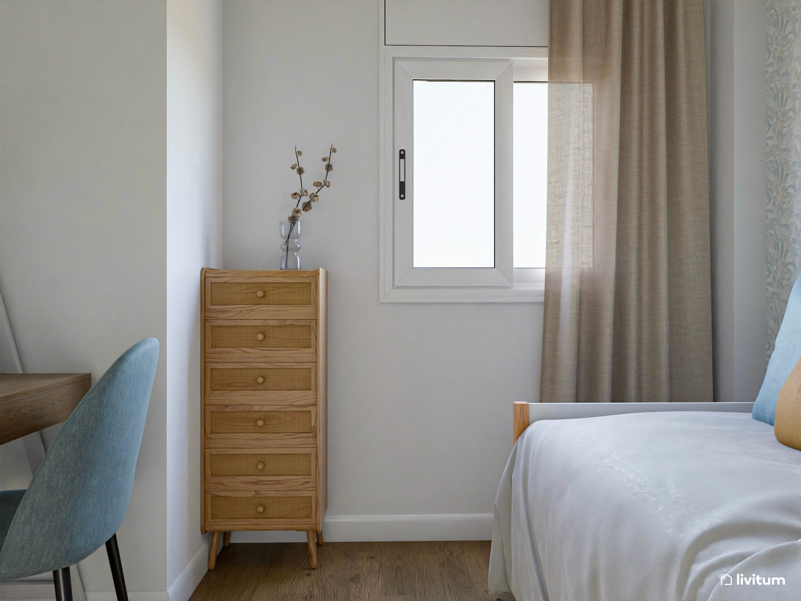 Habitación invitados de 6,5 m² con pequeño escritorio, en tono azul