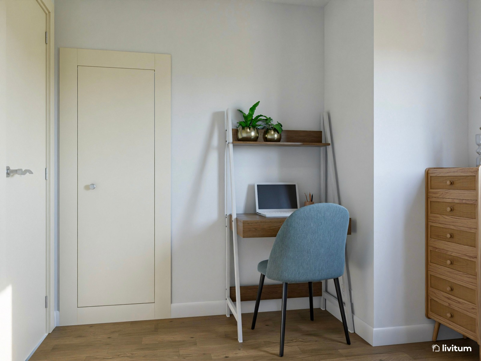 Habitación invitados de 6,5 m² con pequeño escritorio, en tono azul