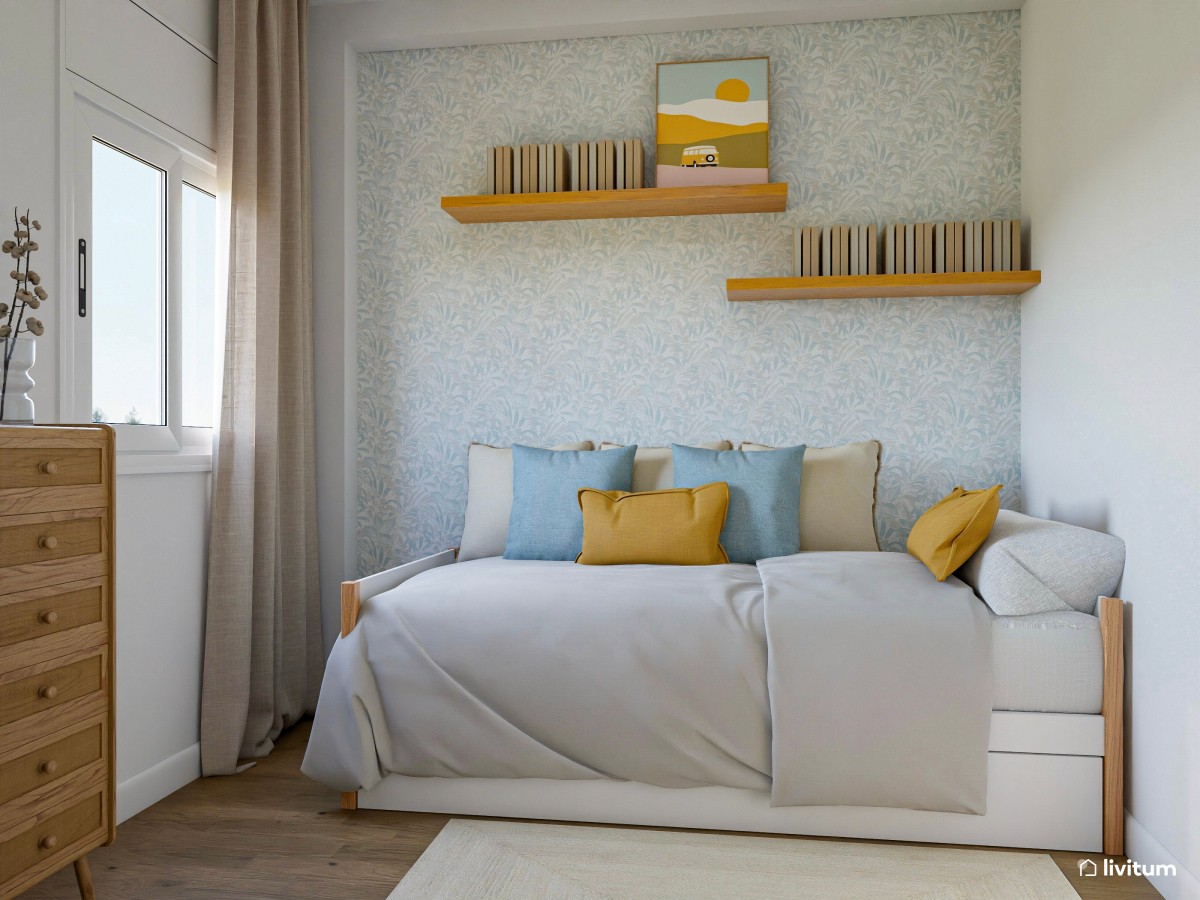Habitación invitados de 6,5 m² con pequeño escritorio, en tono azul