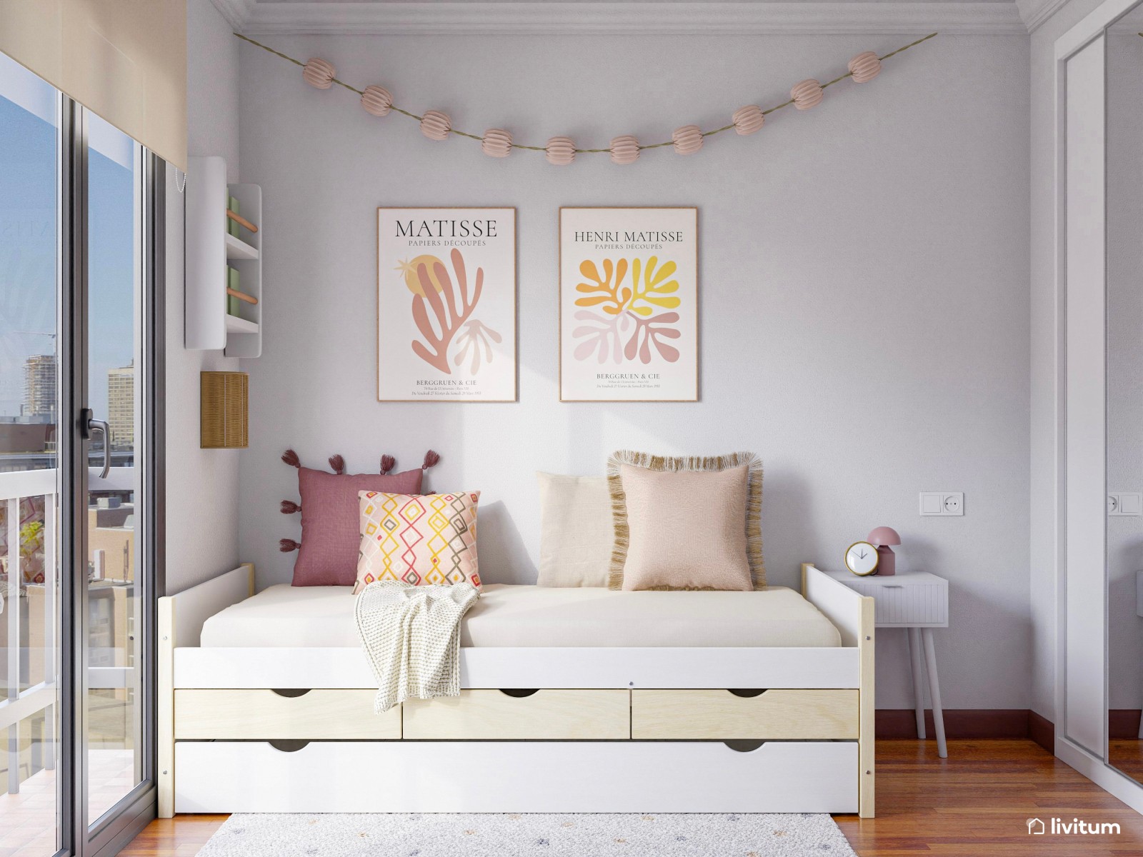 Habitación juvenil con cama nido en beige y rosa