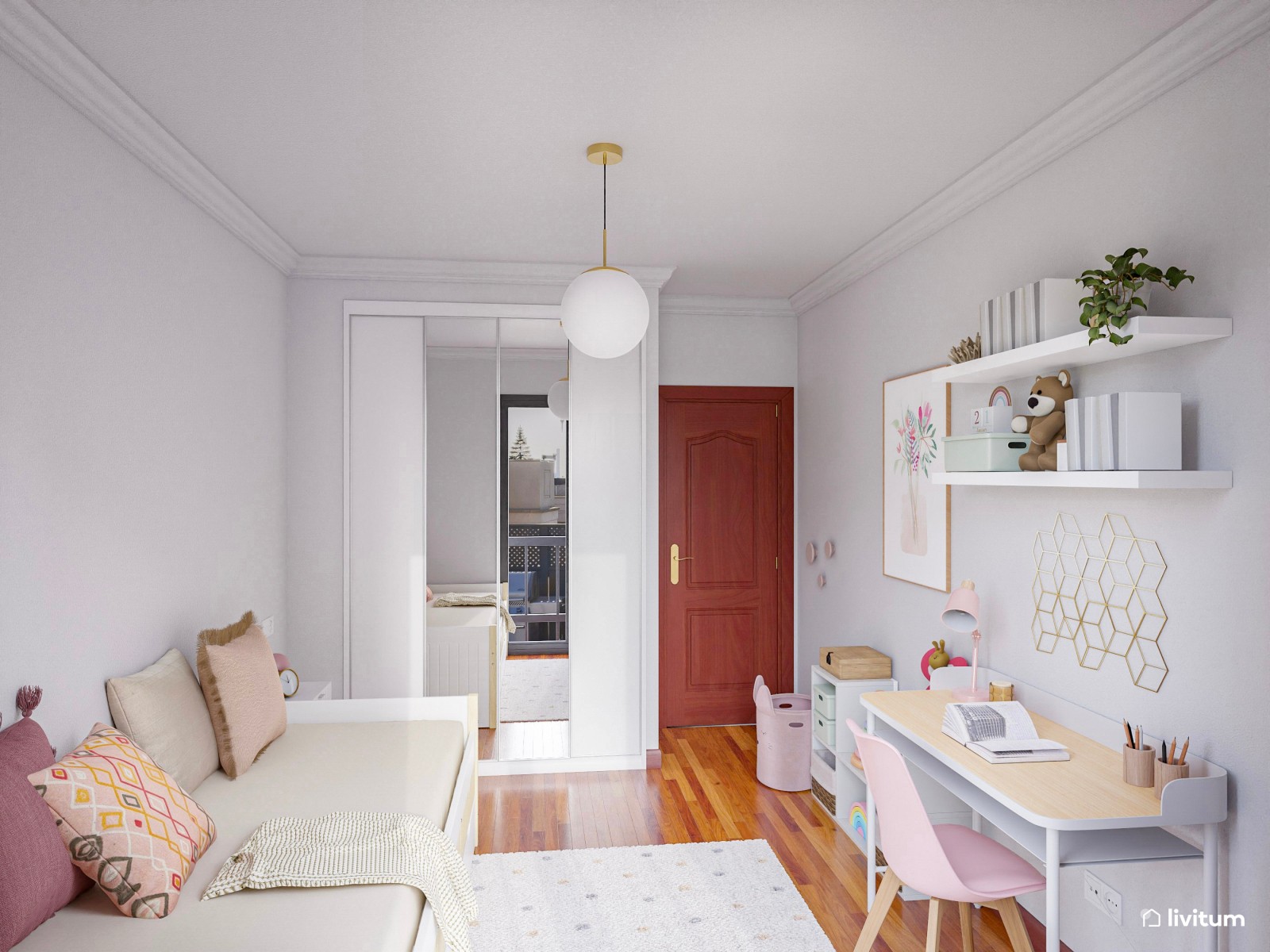 Habitación juvenil con cama nido en beige y rosa