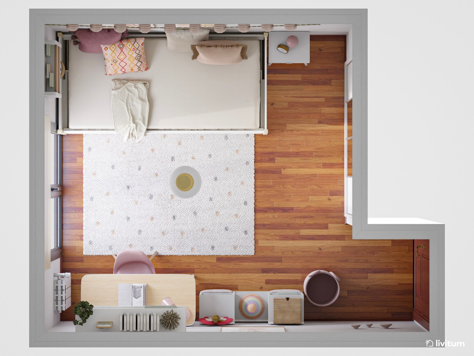 Habitación juvenil con cama nido en beige y rosa