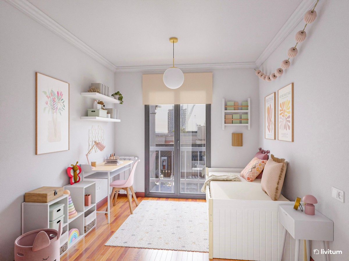 Habitación juvenil con cama nido en beige y rosa