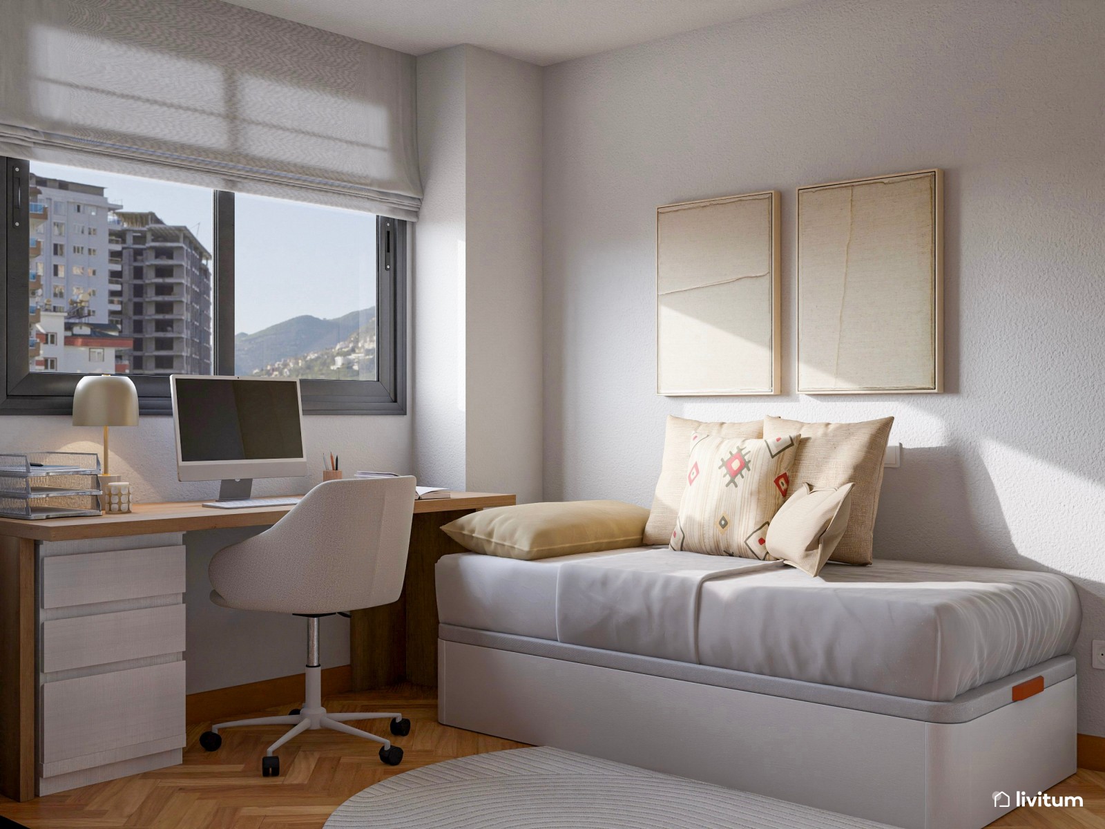 Habitación juvenil con canapé y zona de trabajo