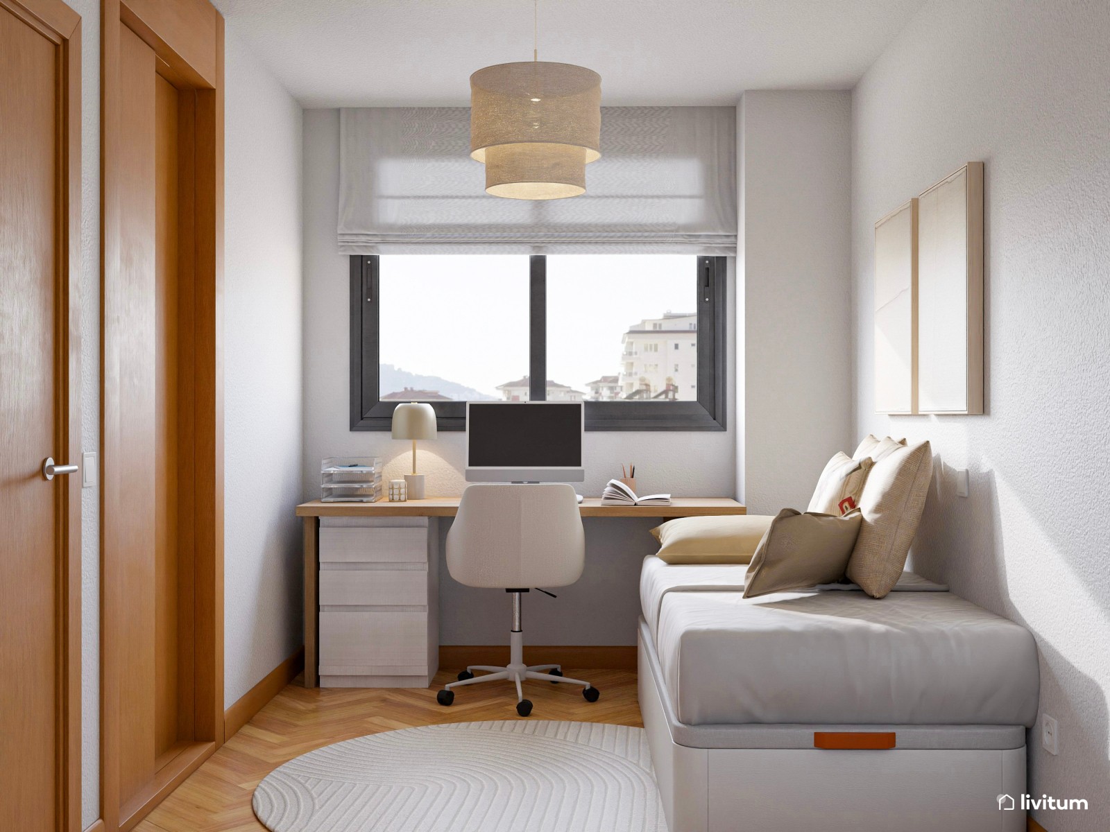 Habitación juvenil con canapé y zona de trabajo
