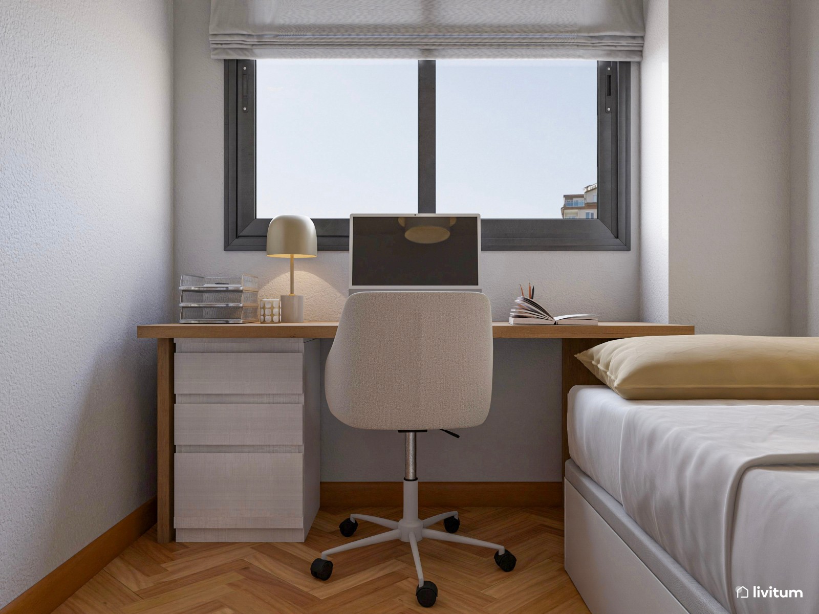 Habitación juvenil con canapé y zona de trabajo