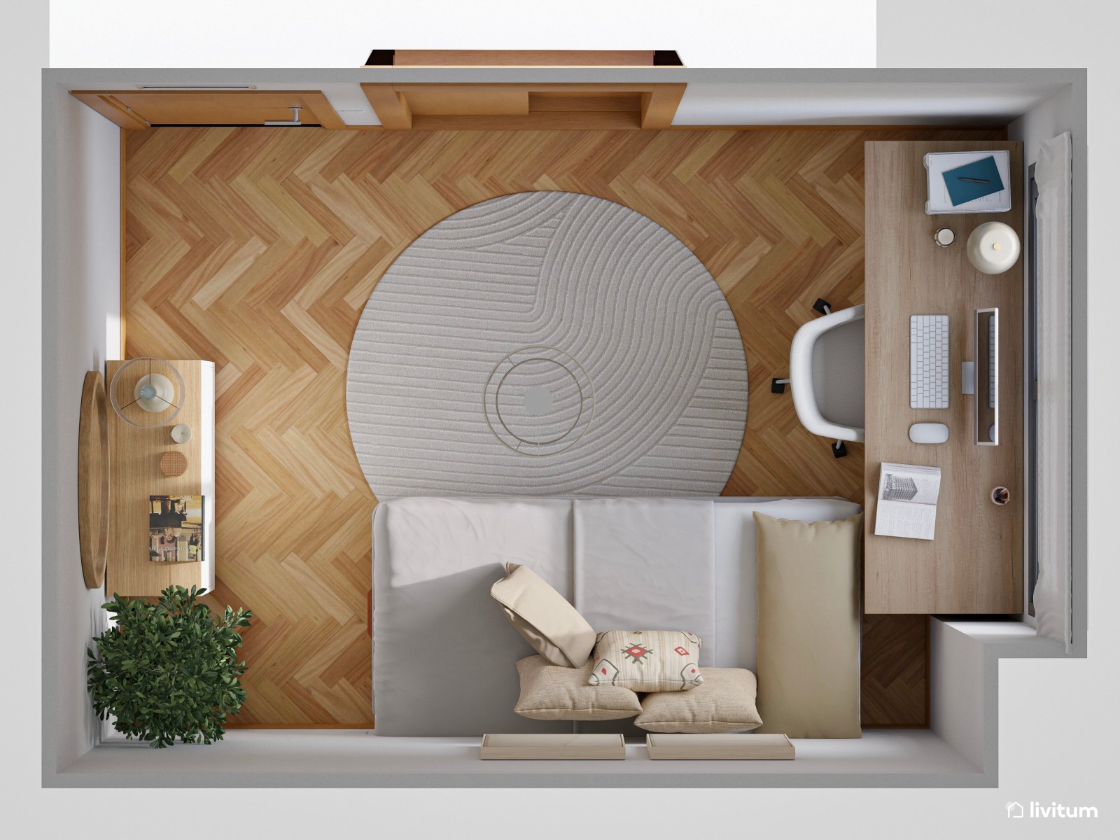 Habitación juvenil con canapé y zona de trabajo