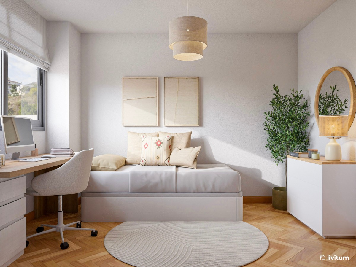 Habitación juvenil con canapé y zona de trabajo