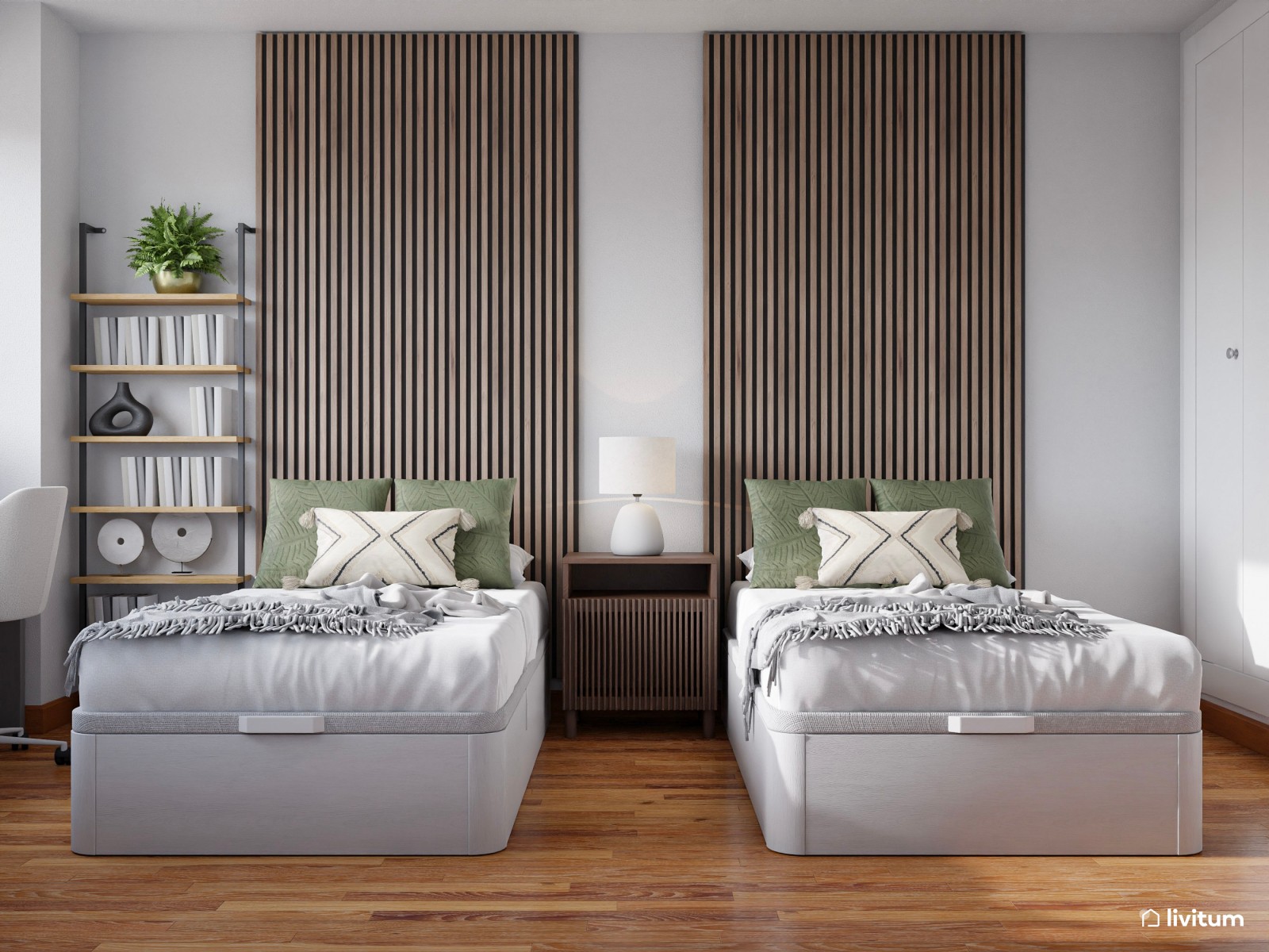 Habitación juvenil con dos camas y doble zona de escritorio