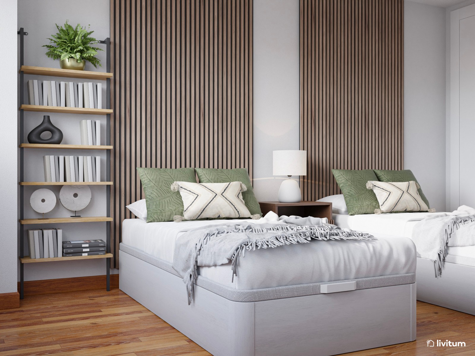 Habitación juvenil con dos camas y doble zona de escritorio