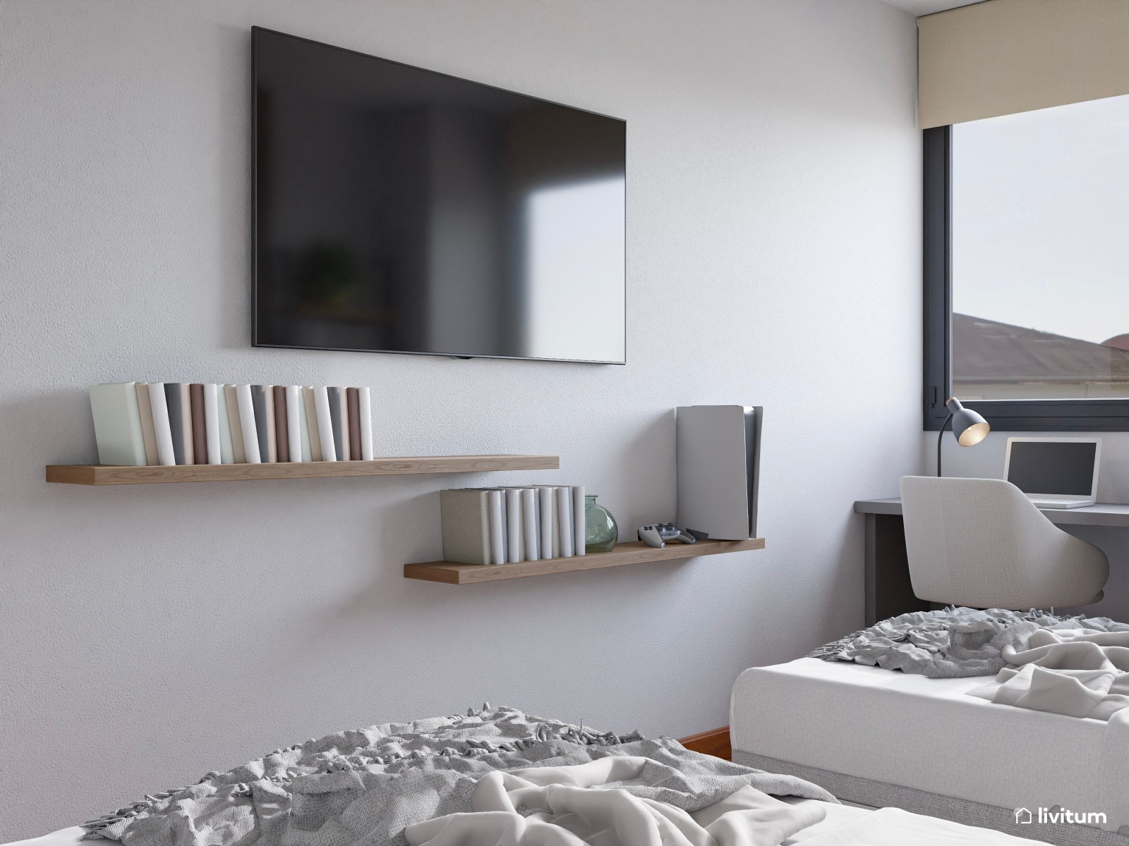 Habitación juvenil con dos camas y doble zona de escritorio