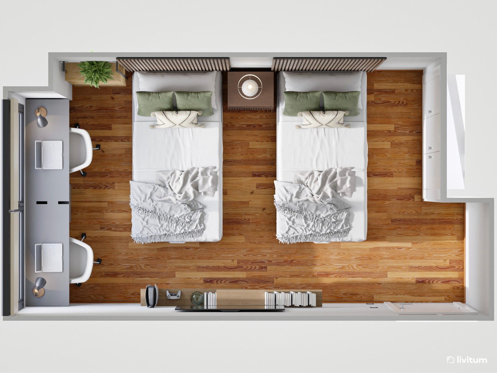 Habitación juvenil con dos camas y doble zona de escritorio