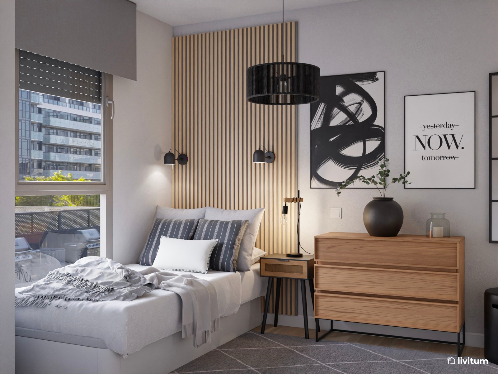 Habitación juvenil con escritorio con detalles en negro 