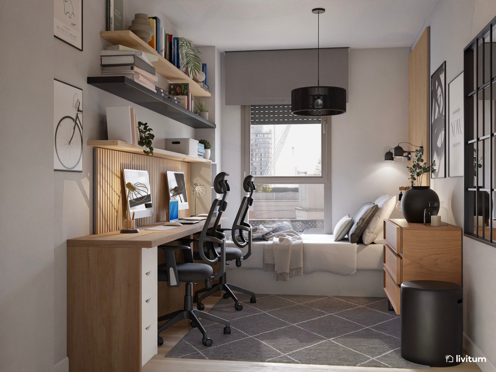 Habitación juvenil con escritorio con detalles en negro 