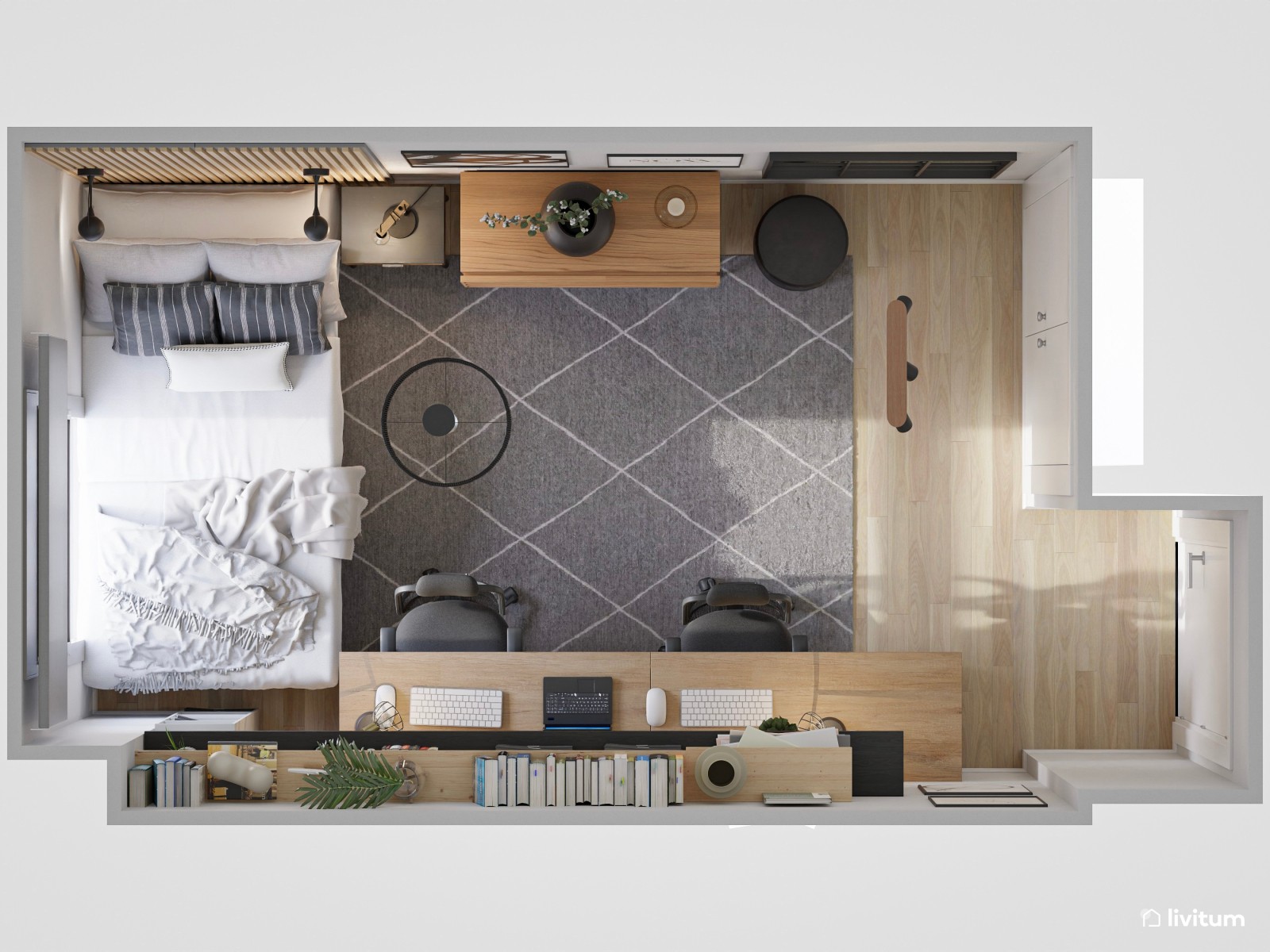 Habitación juvenil con escritorio con detalles en negro 