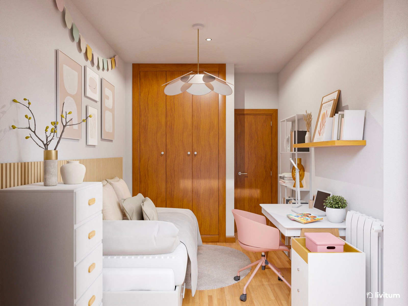 Habitación juvenil con escritorio, en blanco, madera y rosa