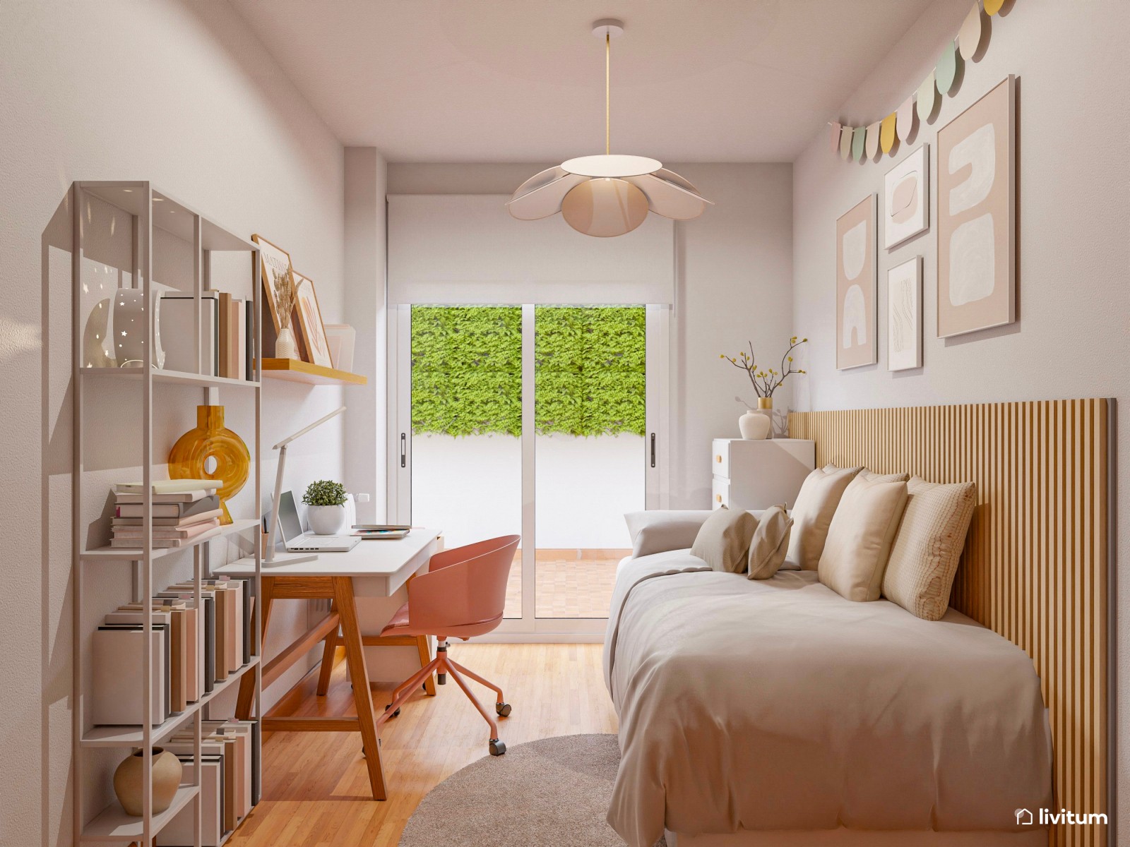 Habitación juvenil con escritorio, en blanco, madera y rosa