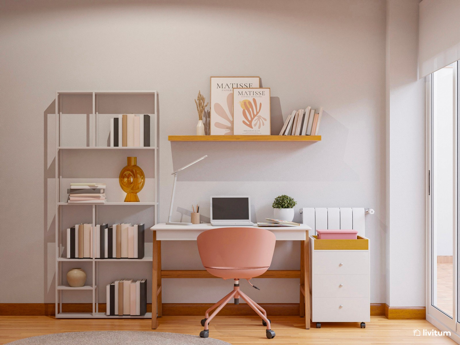 Habitación juvenil con escritorio, en blanco, madera y rosa