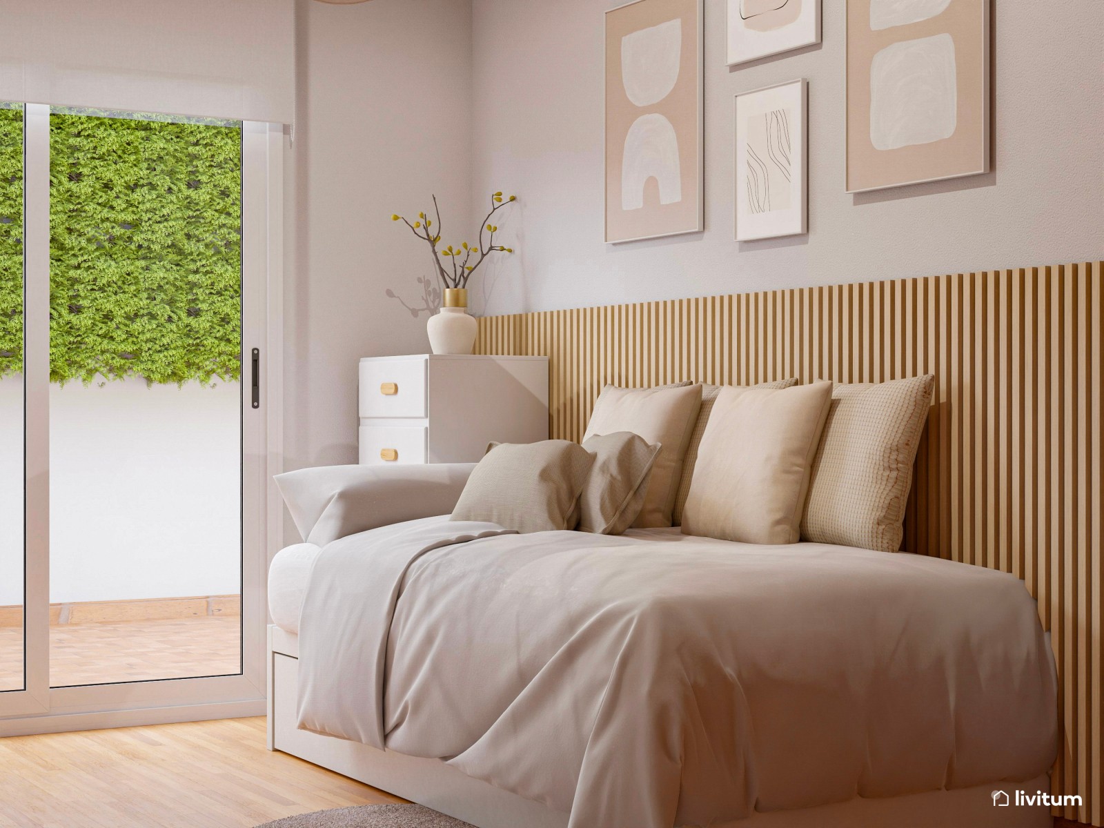 Habitación juvenil con escritorio, en blanco, madera y rosa