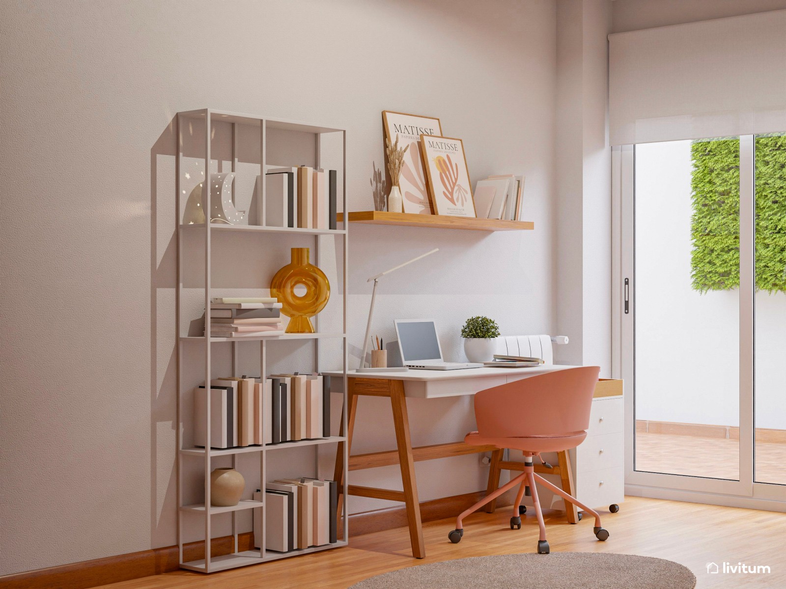 Habitación juvenil con escritorio, en blanco, madera y rosa