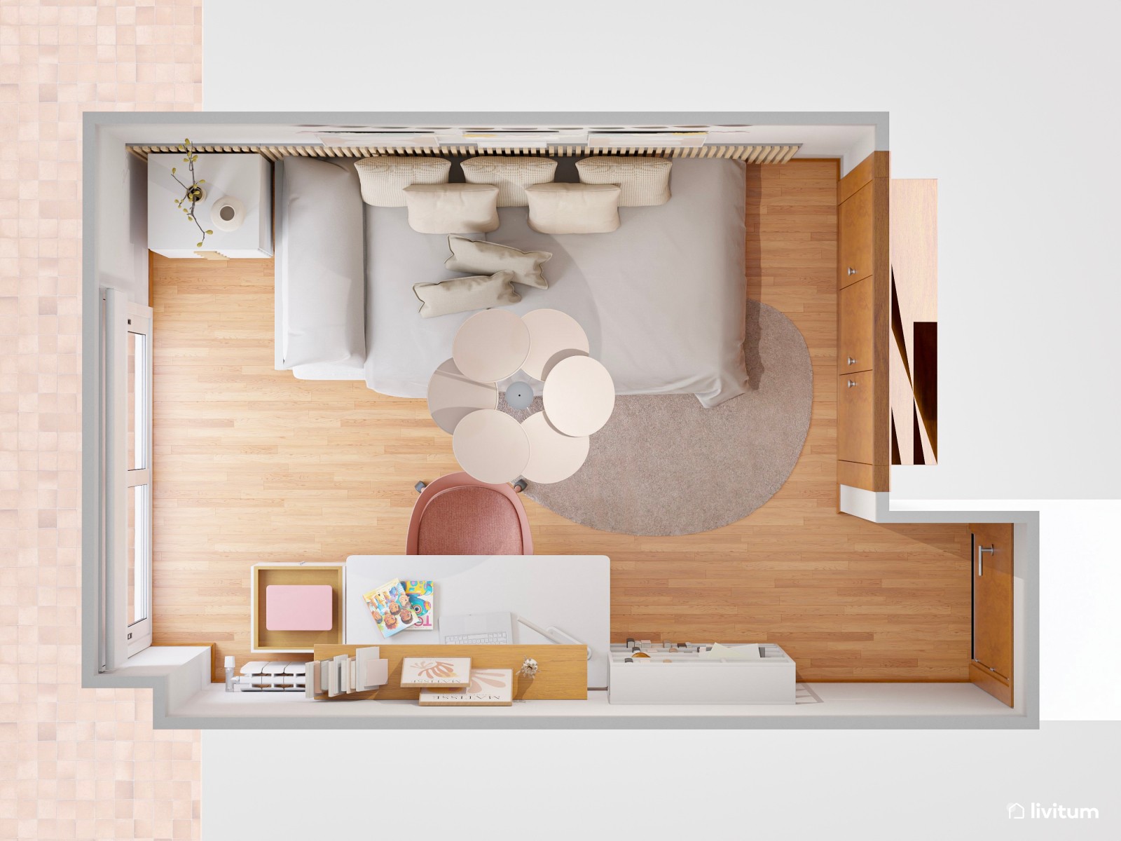 Habitación juvenil con escritorio, en blanco, madera y rosa