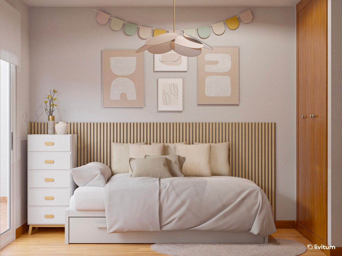 Habitación juvenil con escritorio, en blanco, madera y rosa