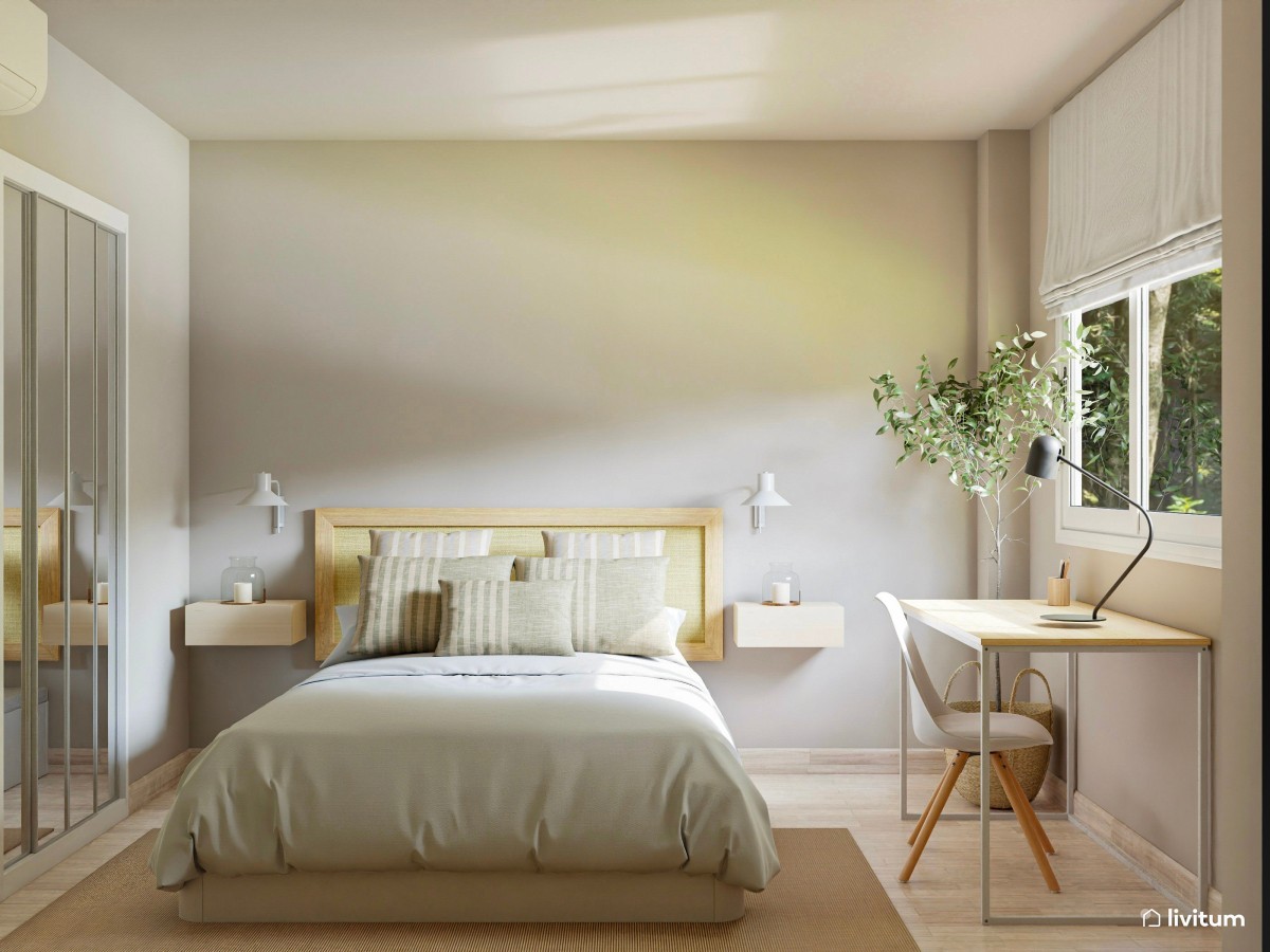Habitación juvenil con escritorio en blanco y madera