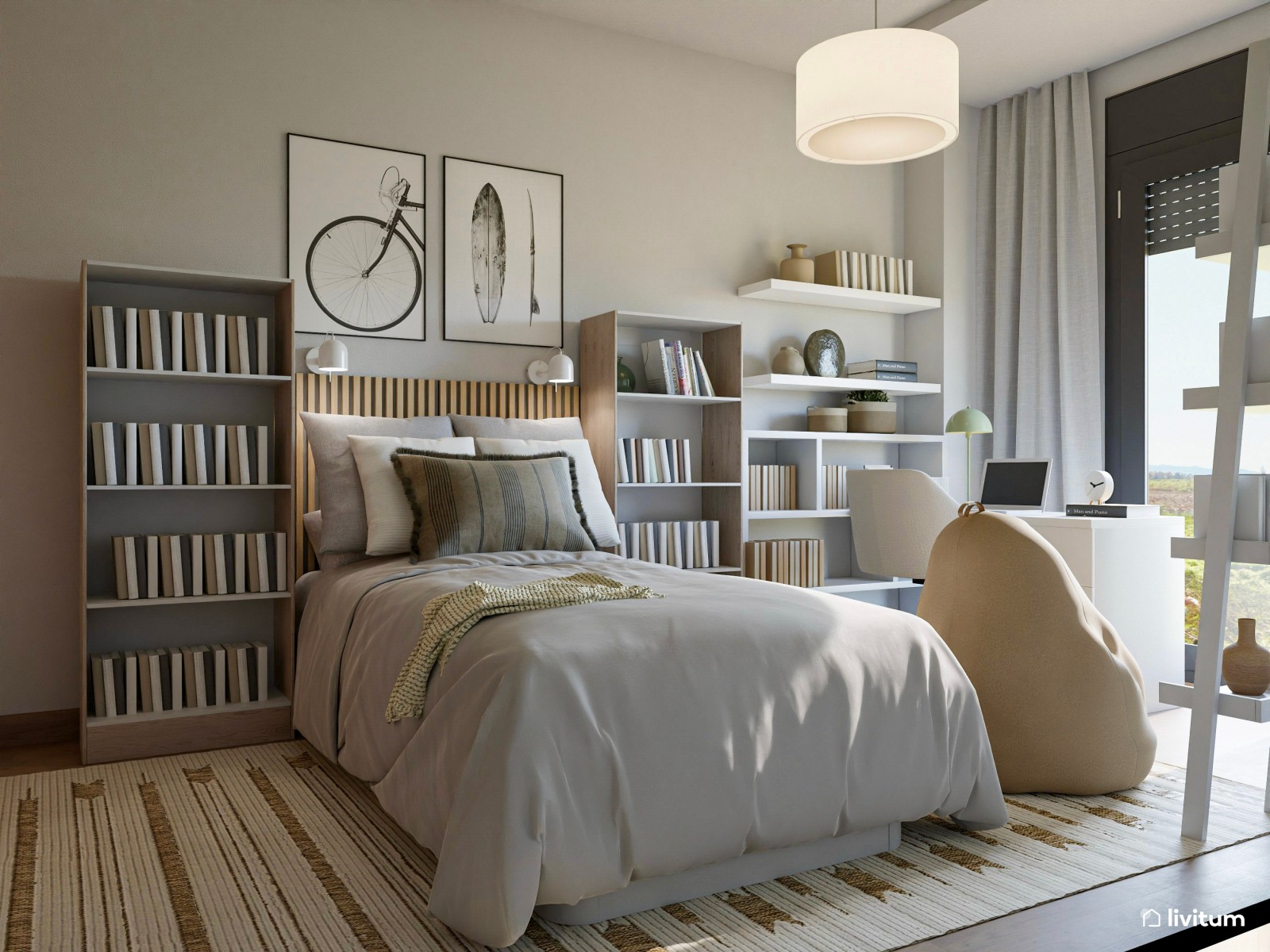 Habitación juvenil con librería y zona de estudio 
