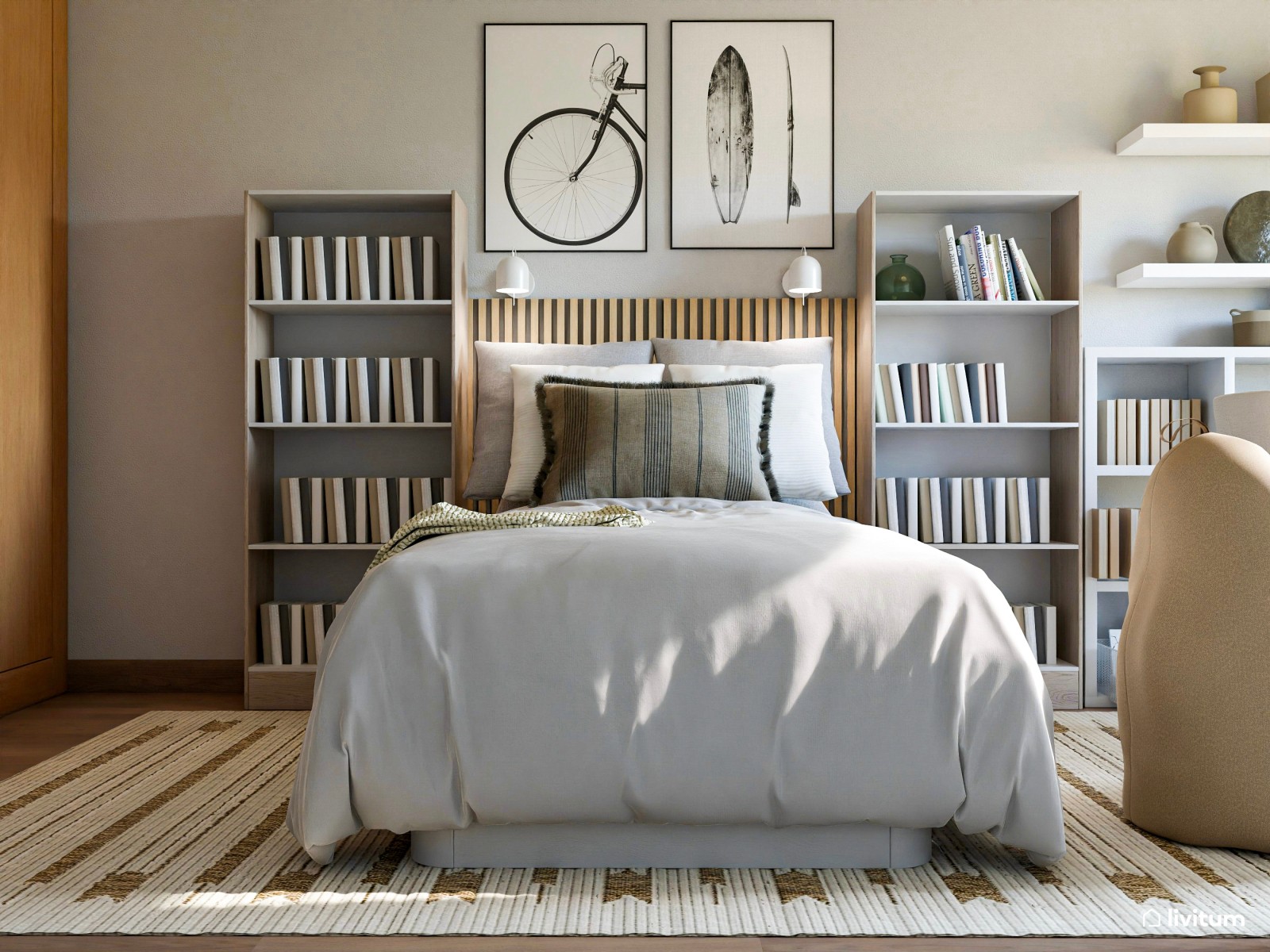 Habitación juvenil con librería y zona de estudio 