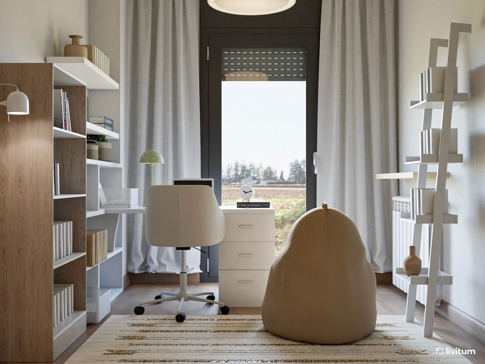 Habitación juvenil con librería y zona de estudio 