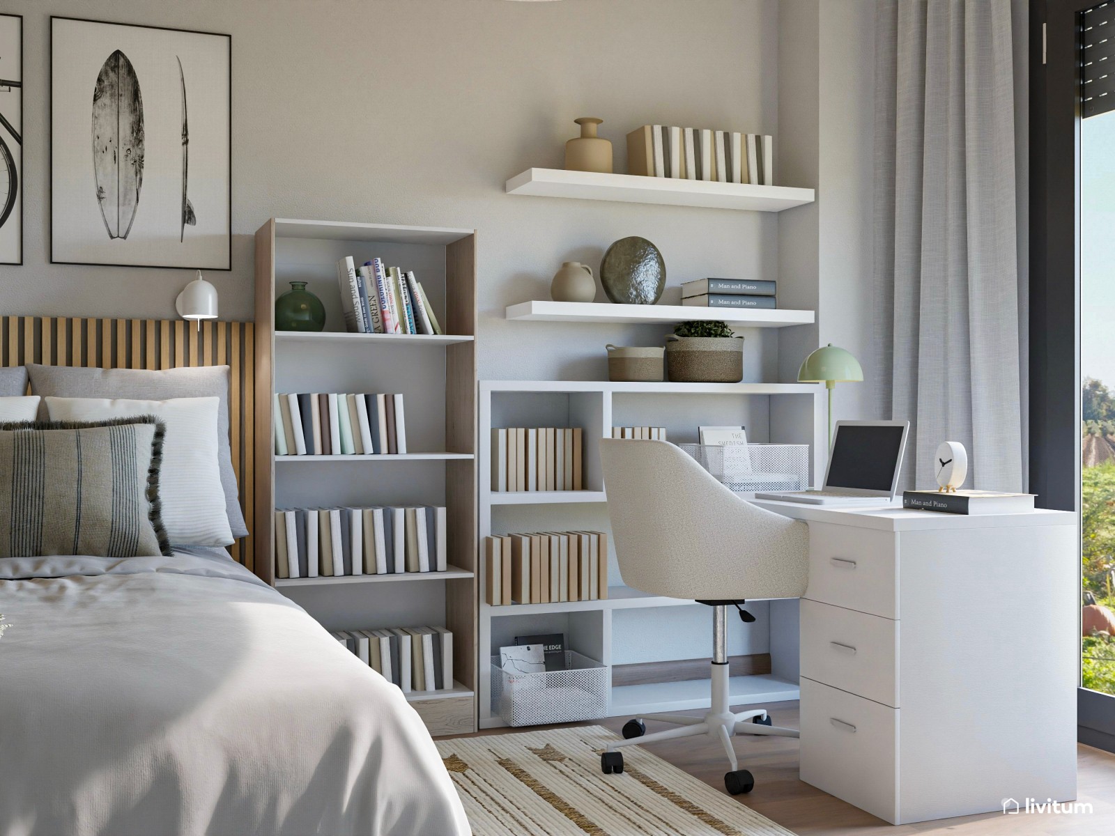 Habitación juvenil con librería y zona de estudio 