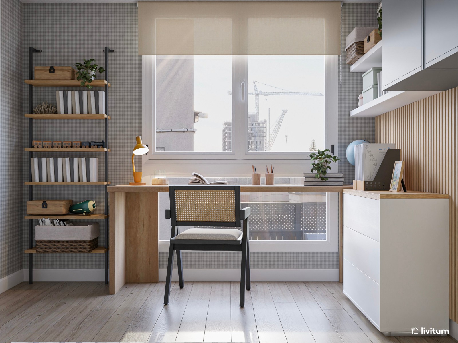 Habitación juvenil con paneles de madera, almacenaje vertical y escritorio 