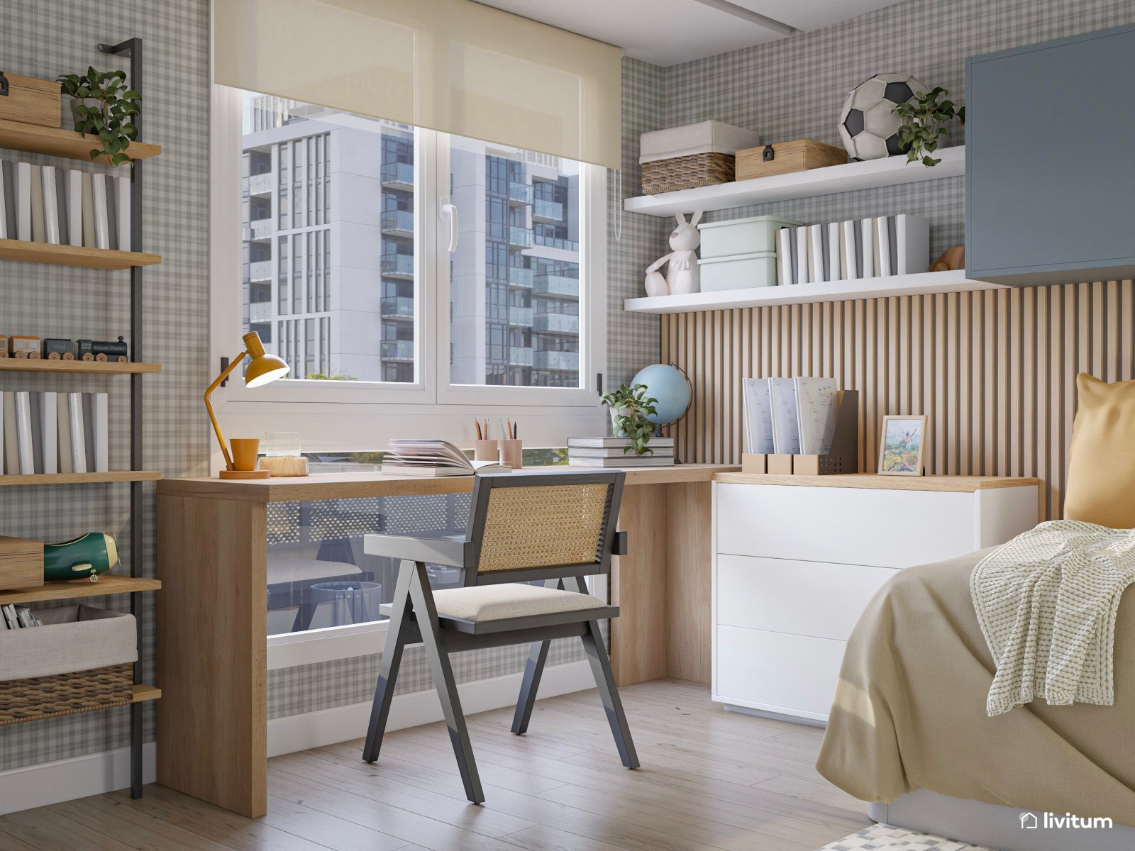 Habitación juvenil con paneles de madera, almacenaje vertical y escritorio 