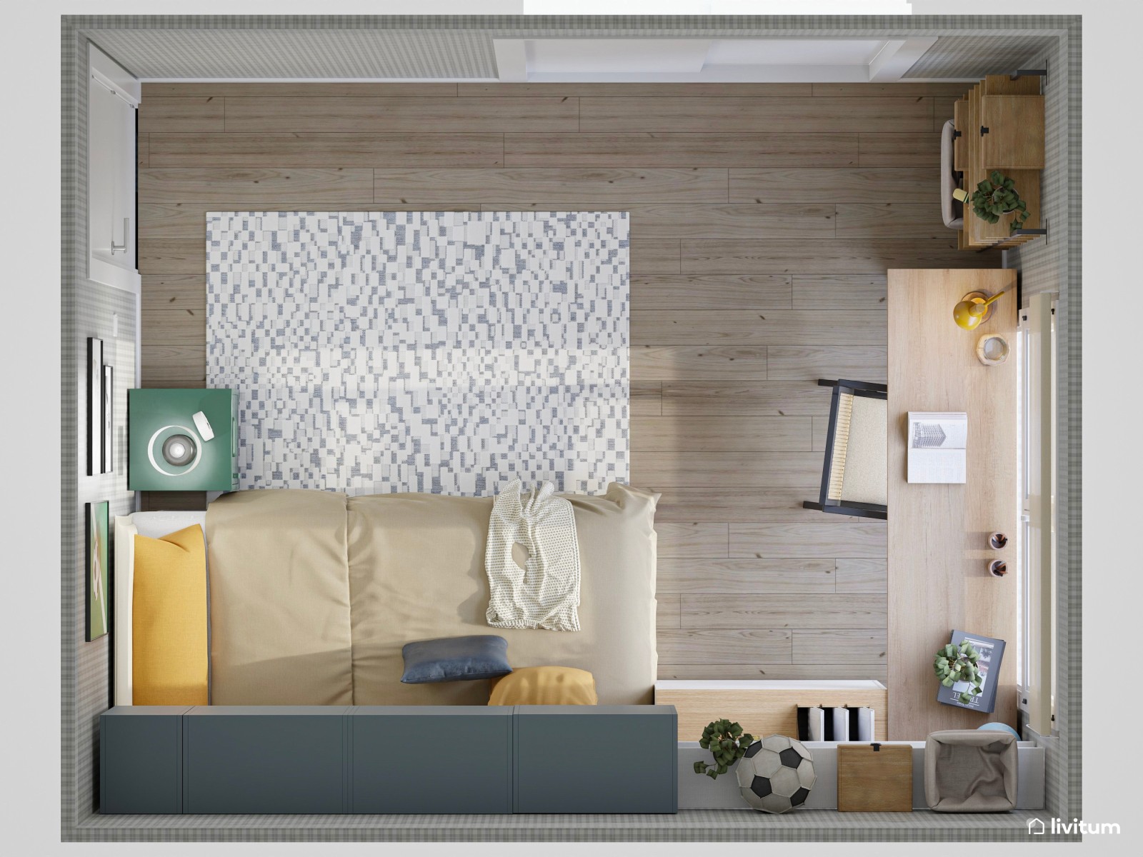 Habitación juvenil con paneles de madera, almacenaje vertical y escritorio 