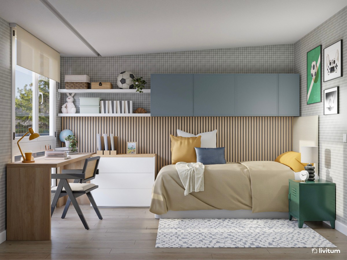 Habitación juvenil con paneles de madera, almacenaje vertical y escritorio