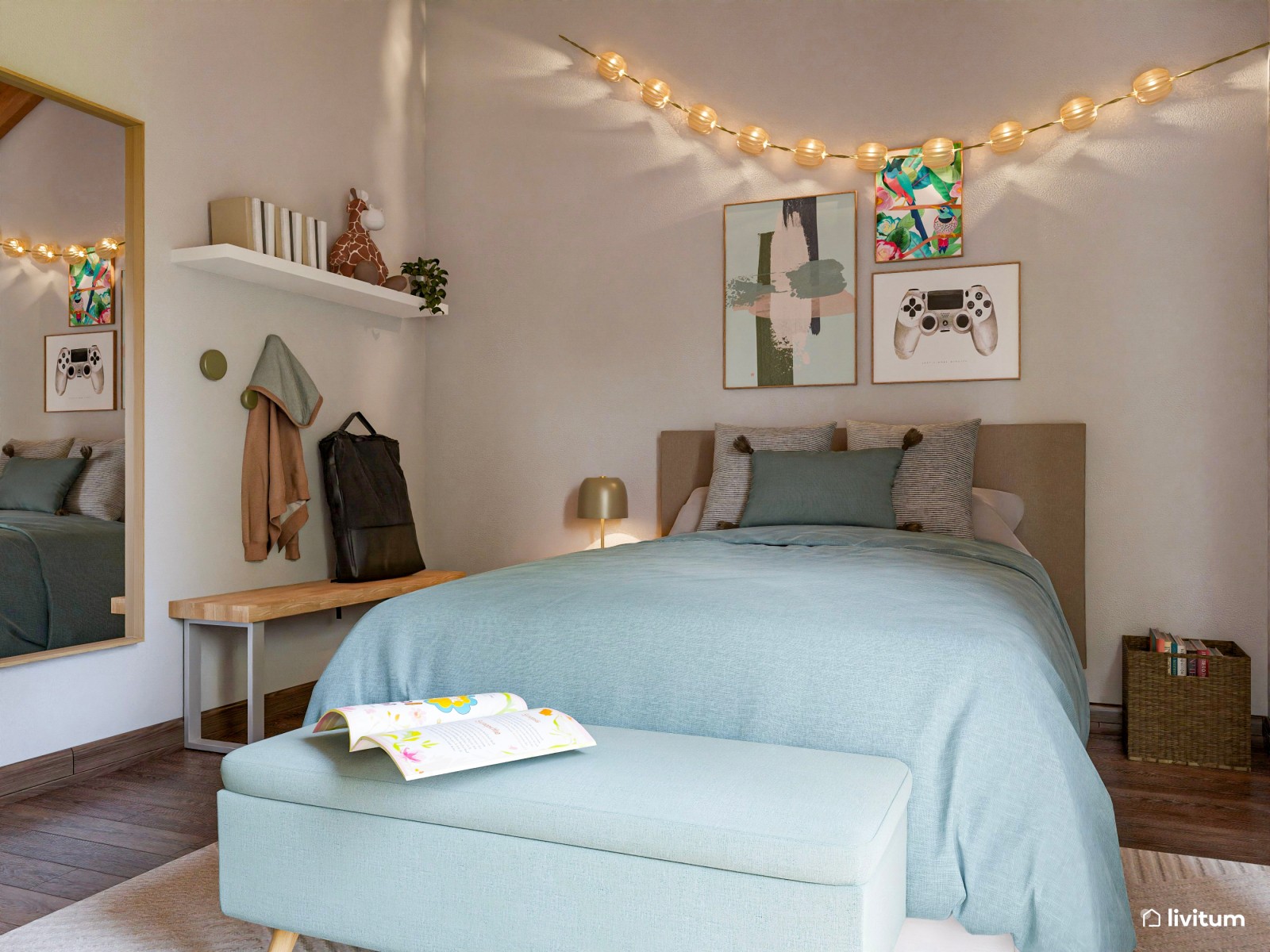 Habitación juvenil con techo abuhardillado en madera, con detalles en verde