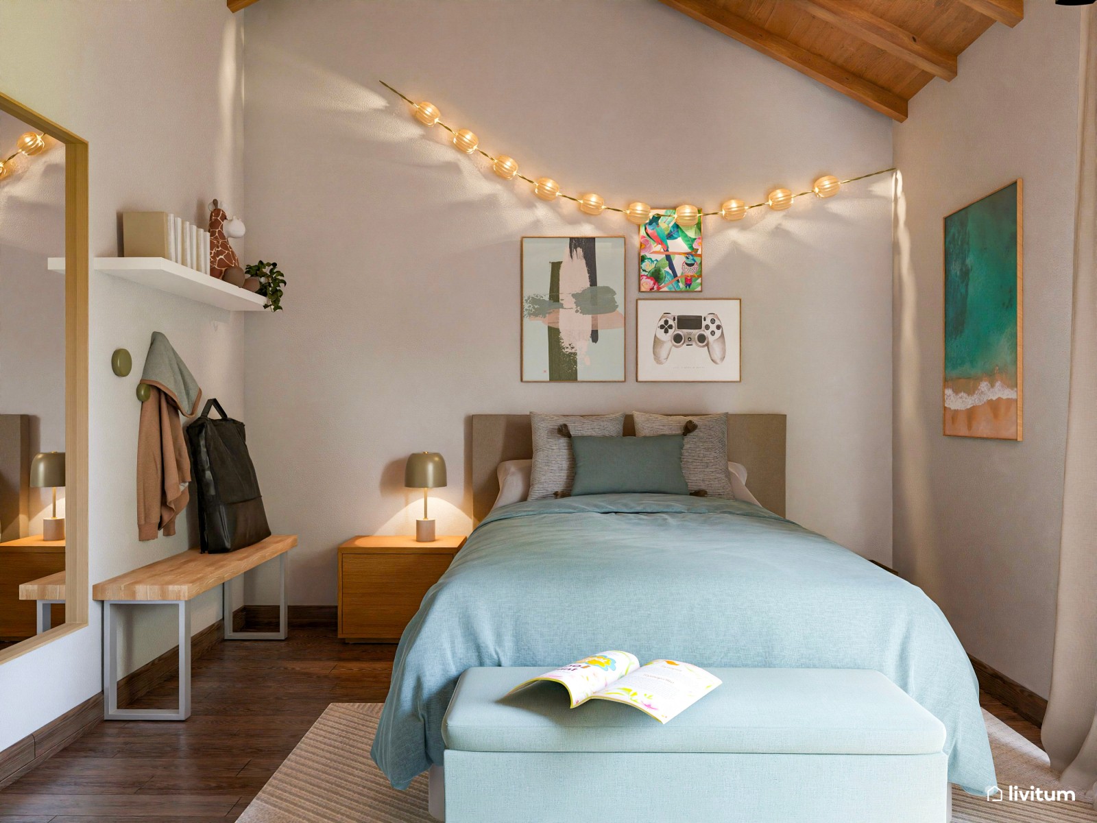 Habitación juvenil con techo abuhardillado en madera, con detalles en verde