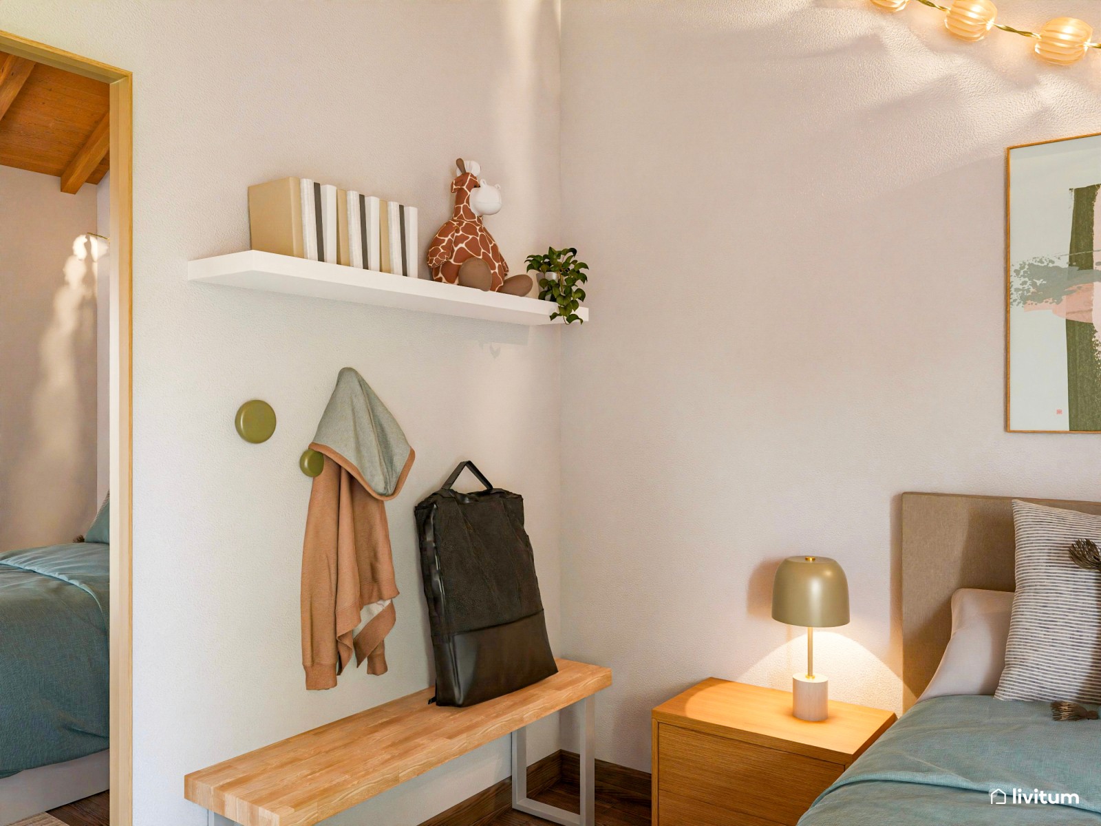 Habitación juvenil con techo abuhardillado en madera, con detalles en verde