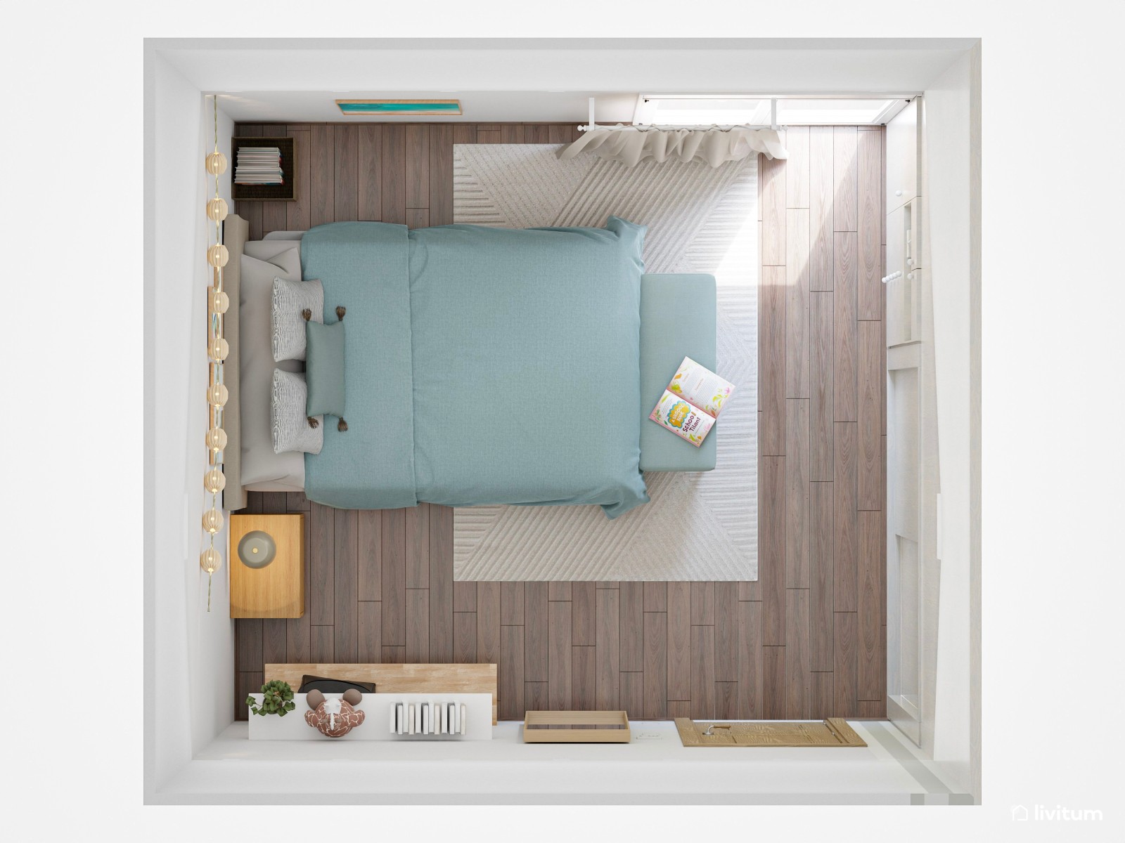 Habitación juvenil con techo abuhardillado en madera, con detalles en verde