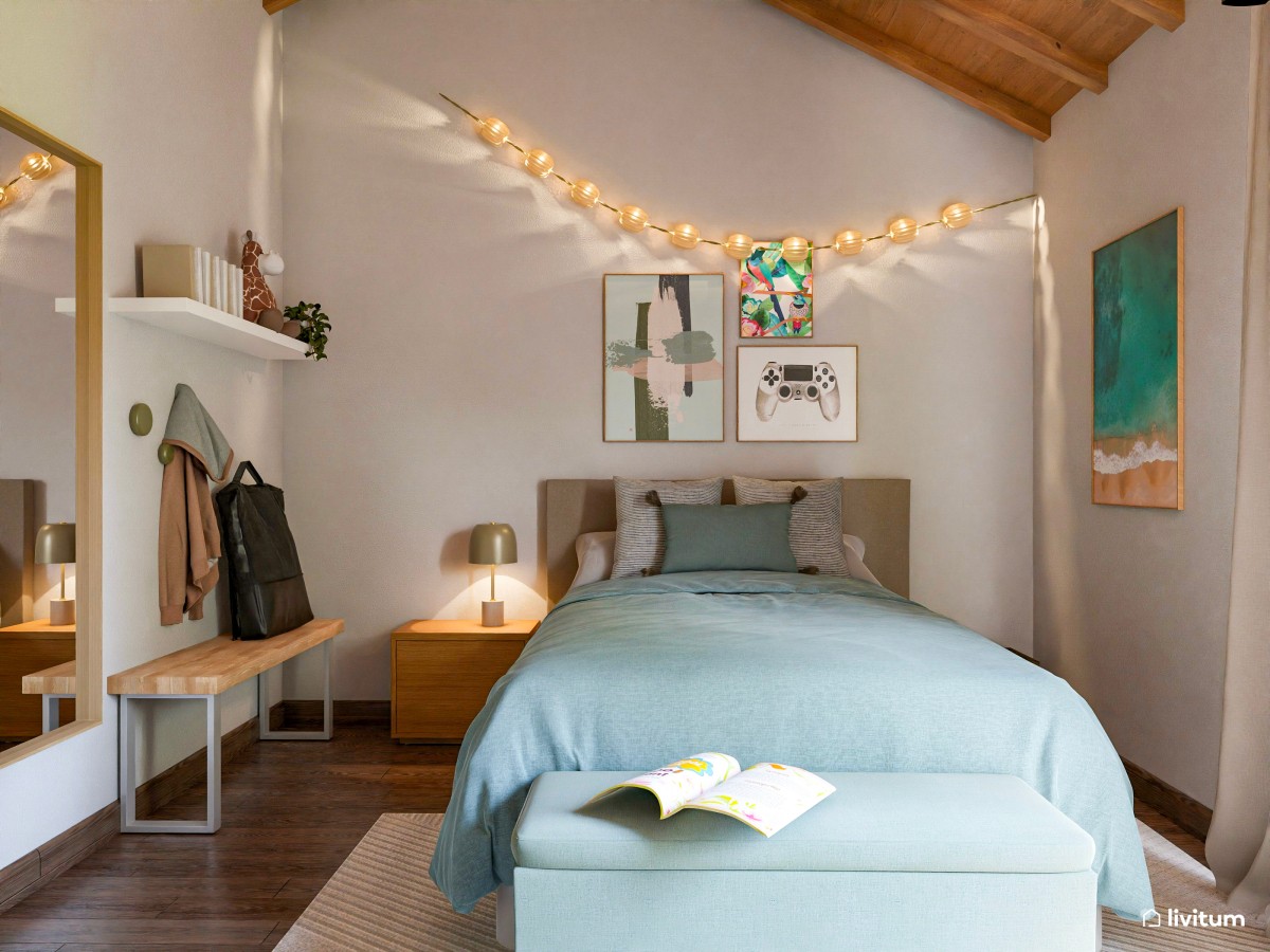 Habitación juvenil con techo abuhardillado en madera, con detalles en verde