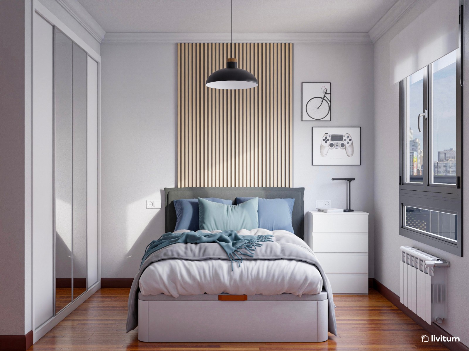 Habitación juvenil con zona de escritorio con paneles de madera y toques azules