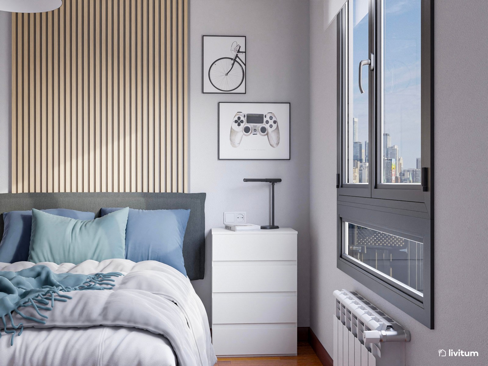 Habitación juvenil con zona de escritorio con paneles de madera y toques azules