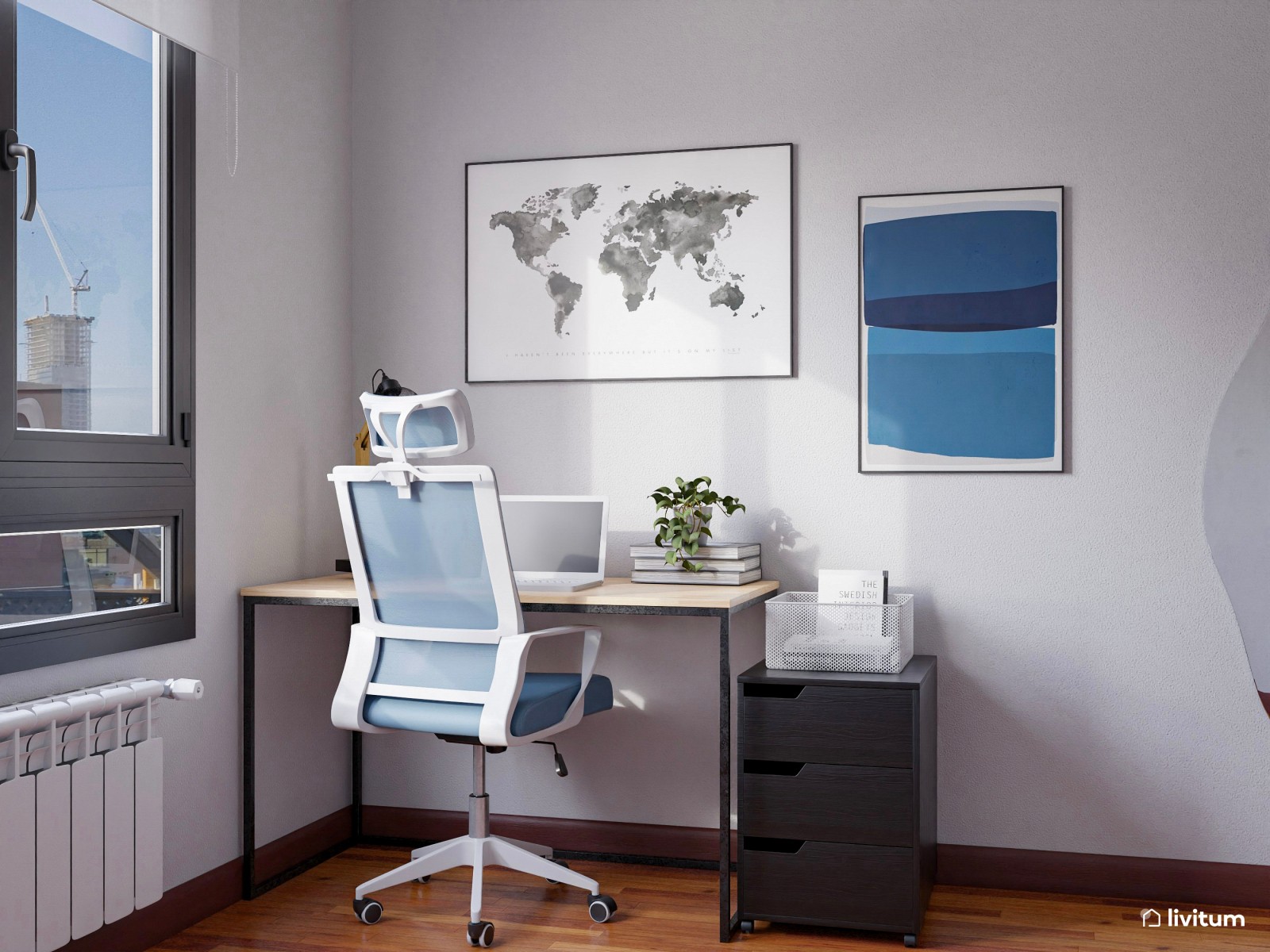 Habitación juvenil con zona de escritorio con paneles de madera y toques azules