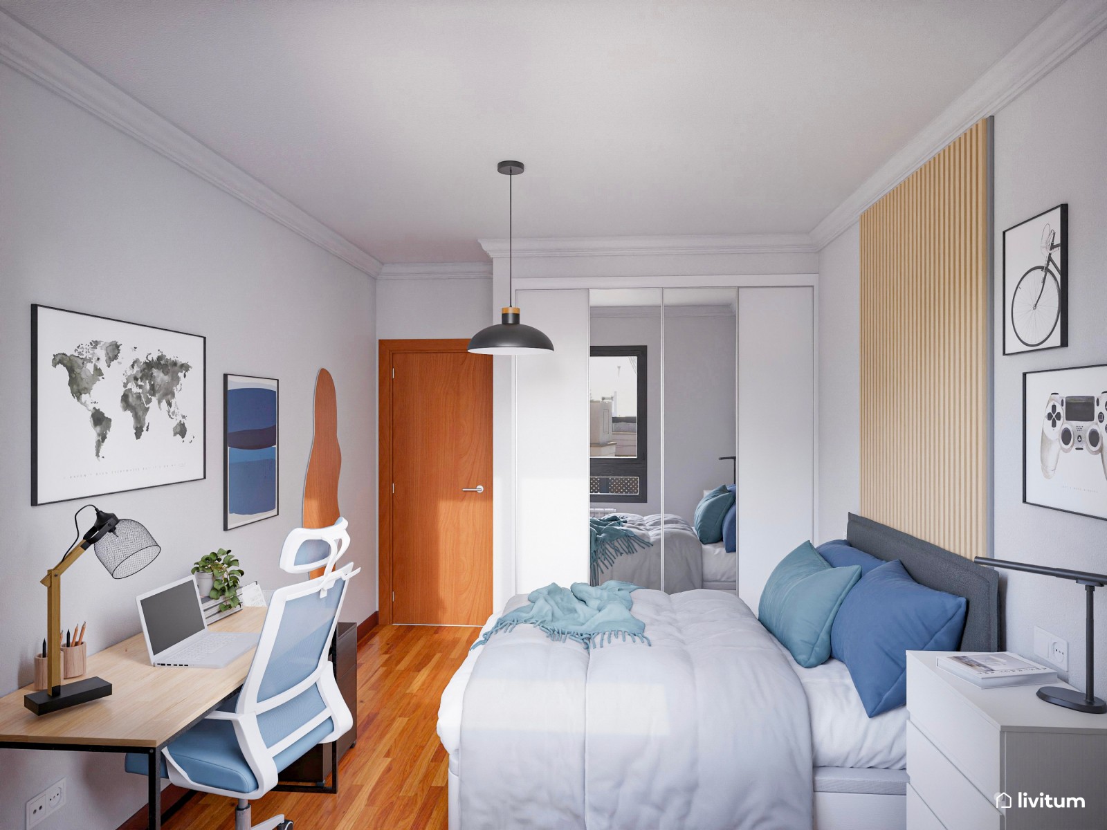 Habitación juvenil con zona de escritorio con paneles de madera y toques azules
