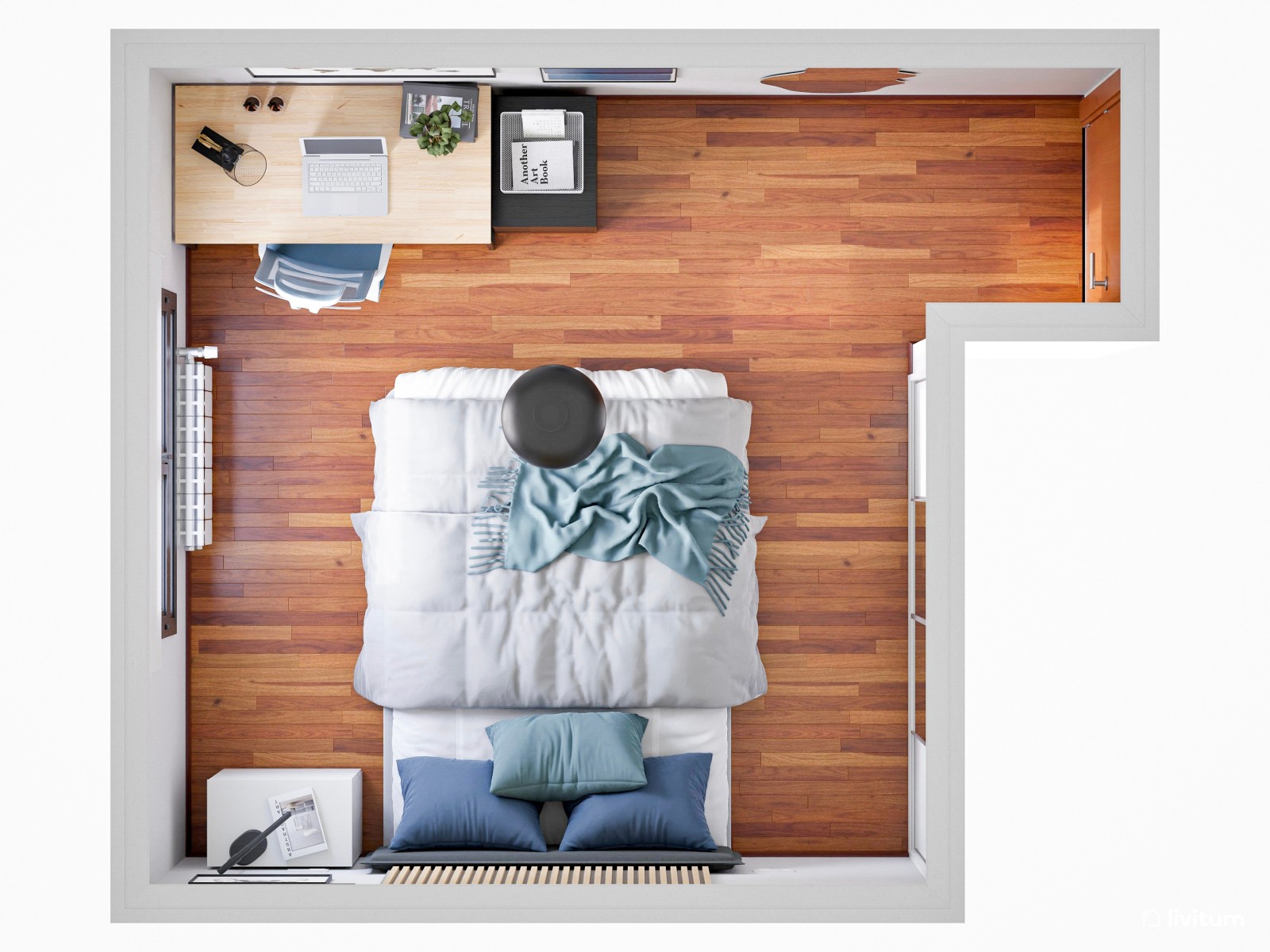 Habitación juvenil con zona de escritorio con paneles de madera y toques azules