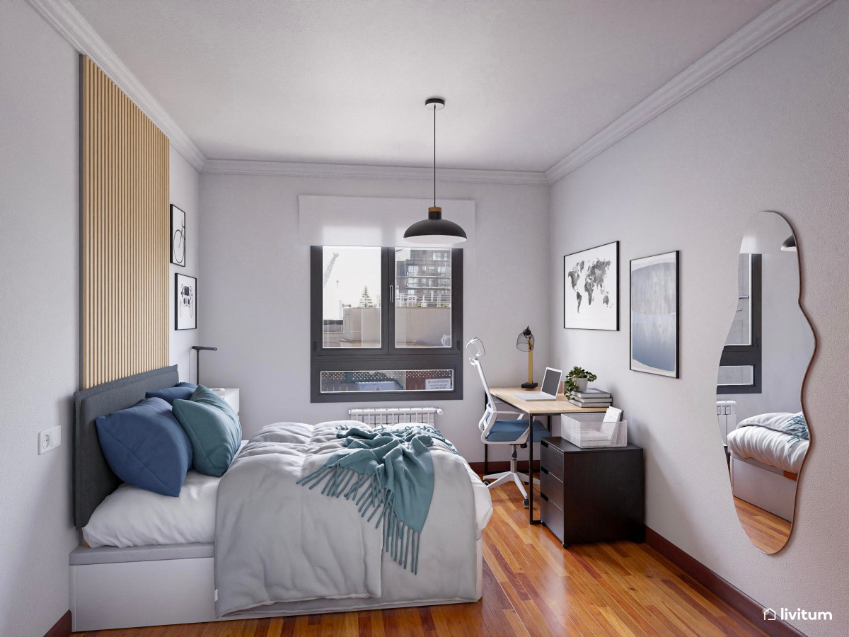 Habitación juvenil con zona de escritorio con paneles de madera y toques azules