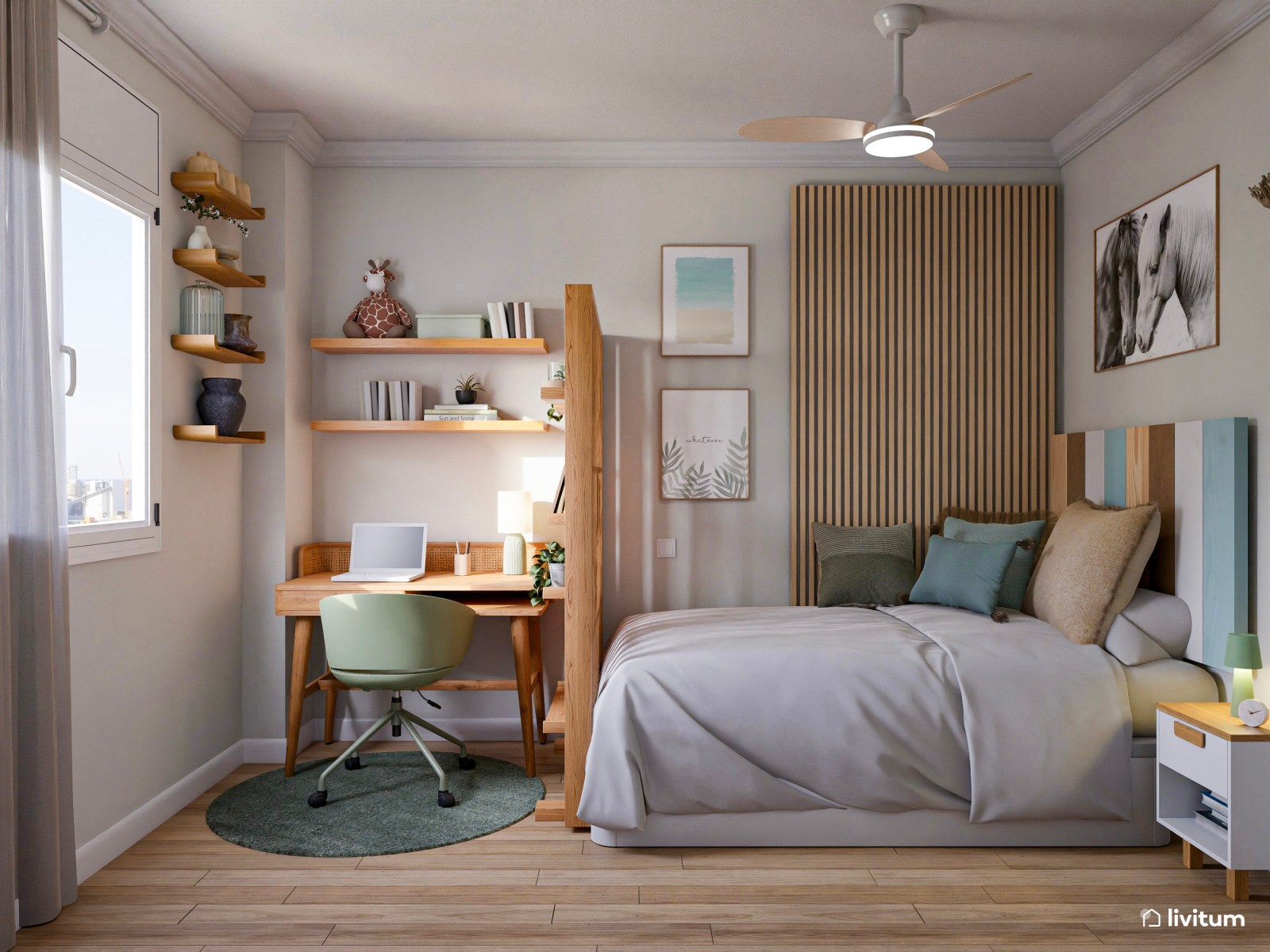 Habitación juvenil con zona de escritorio en madera y verde salvia