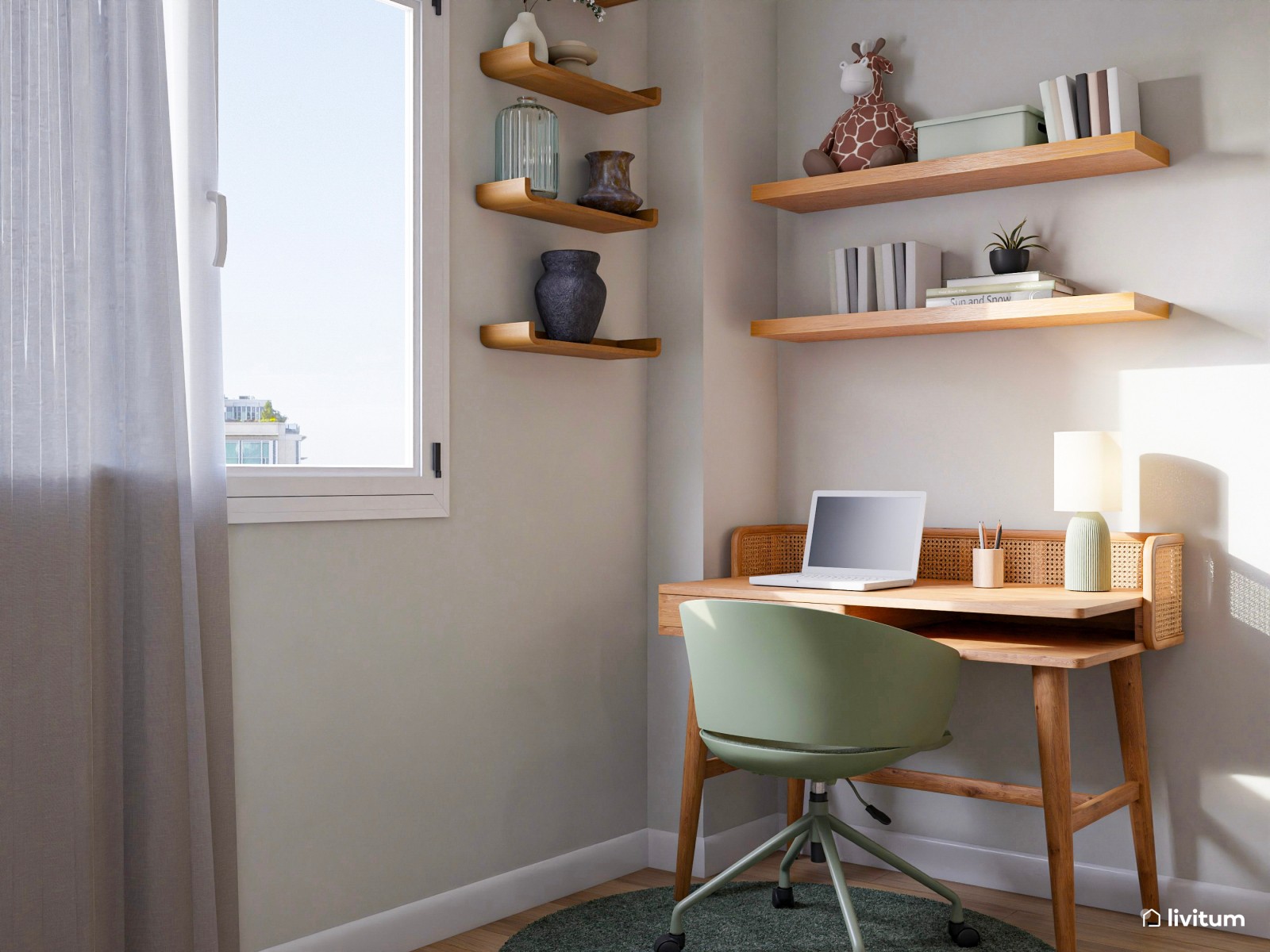 Habitación juvenil con zona de escritorio en madera y verde salvia