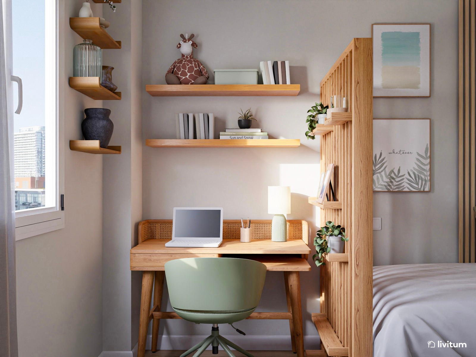 Habitación juvenil con zona de escritorio en madera y verde salvia